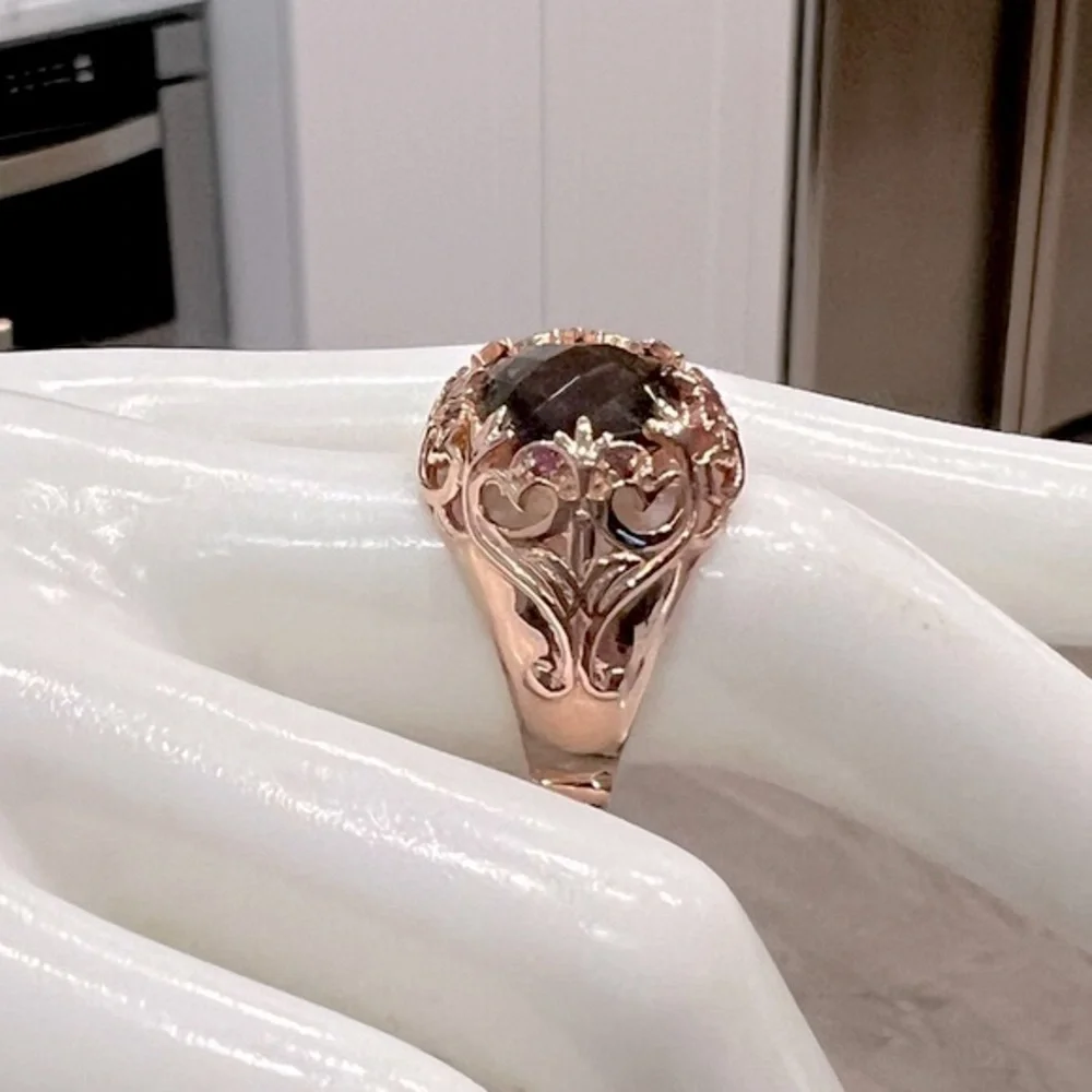 Brazilian Smoky Quartz Orissa Rhodolite Garnet 14K RG Sterling Silver Ring Sz 8